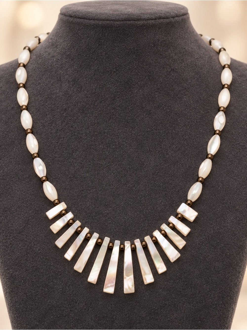 Hand Crafted White Mother of Pearl Fan Necklace with Gold Accents